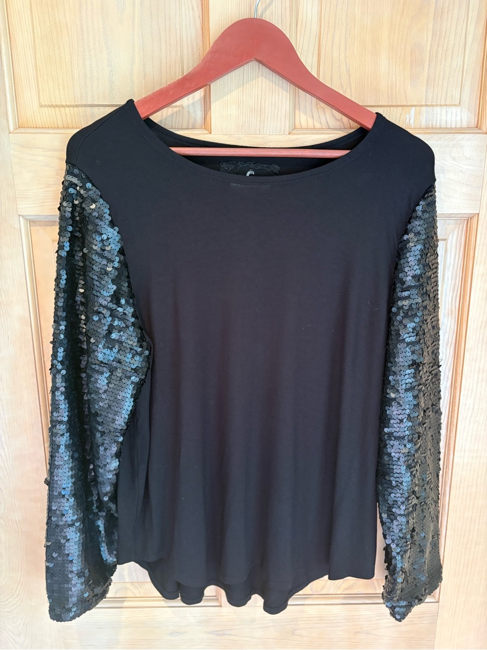 Cupio Black Top with Sequin Sleeve Detail